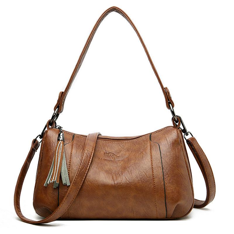 Meduim Casual Leather Handbag - Camel Brown