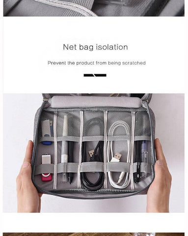 A bag of travel accessories, wires and chargers suitable for travel