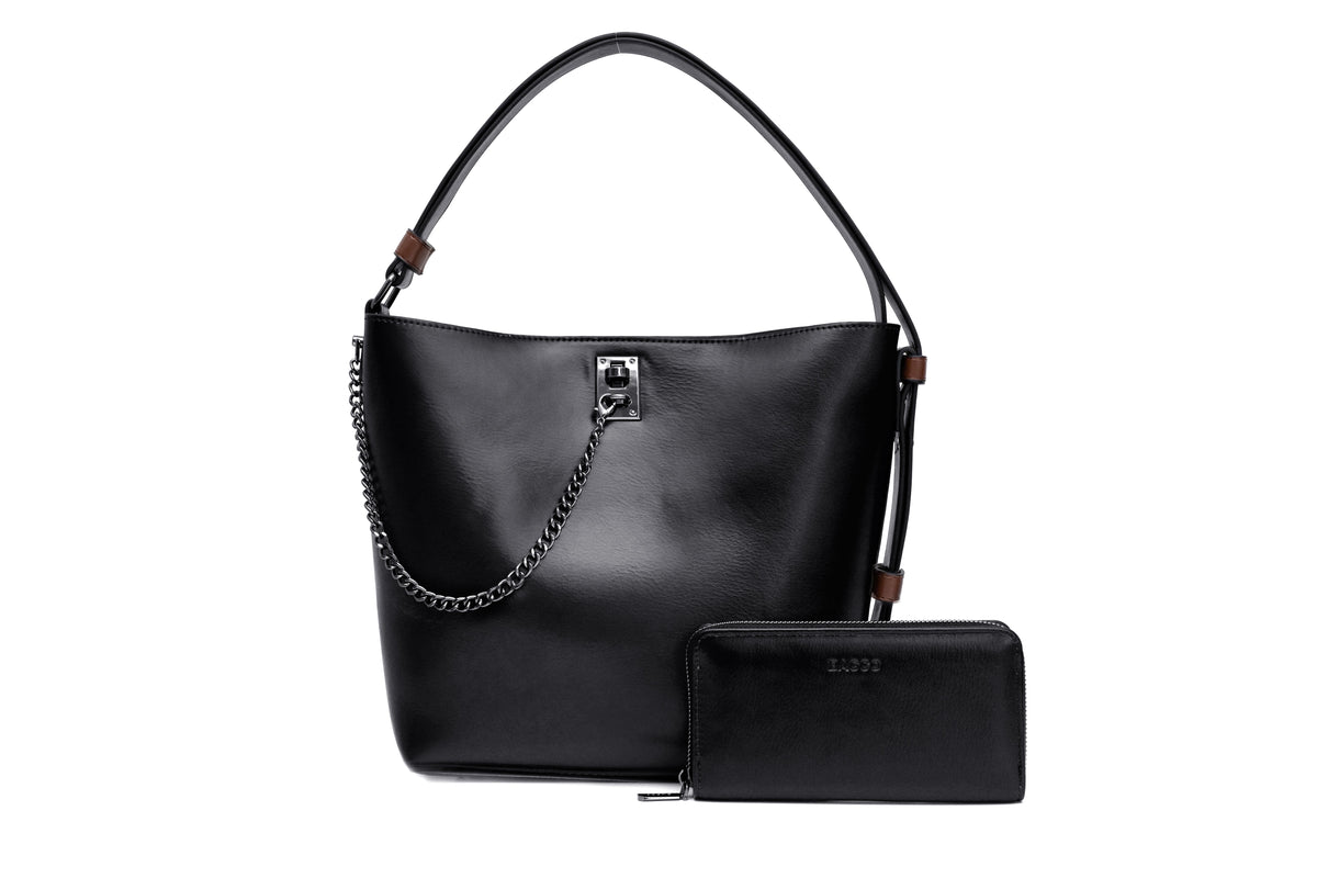 set of Small Leather Tote Bag with Wallet- Black