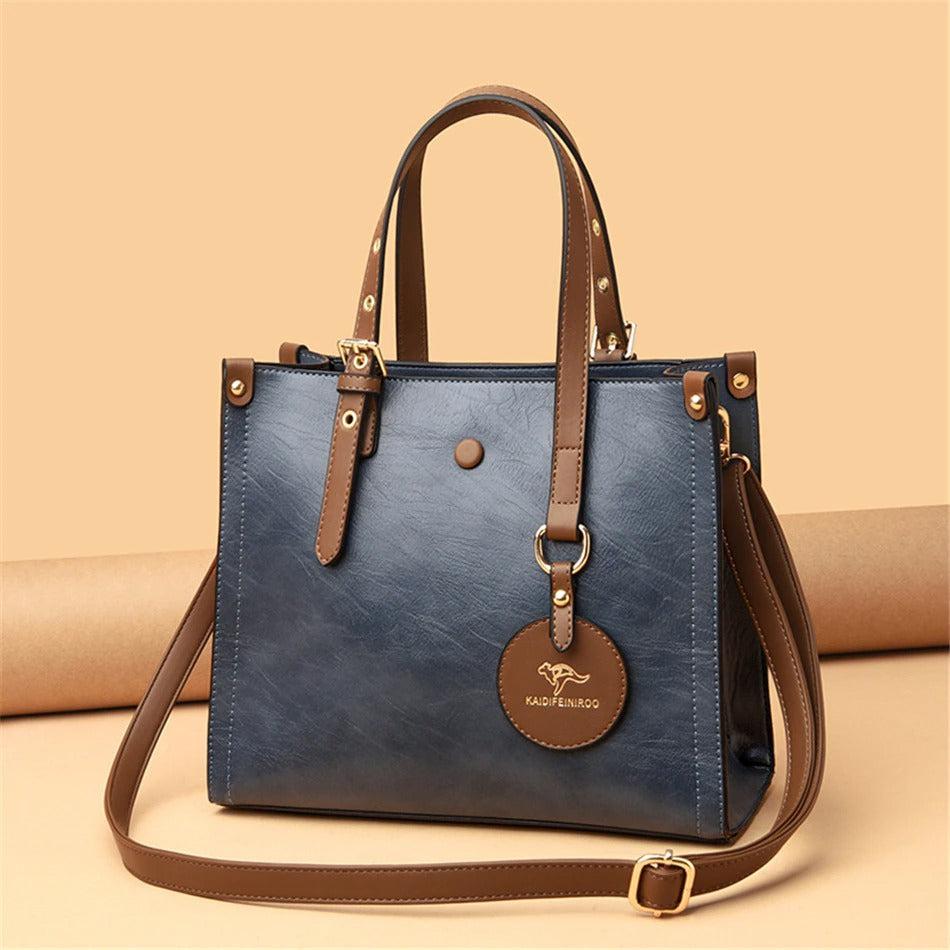 Large Classical Leather Handbag - Dusty Blue