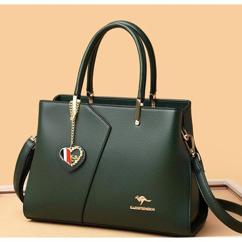 Large Classical Leather Handbag - Olive Green