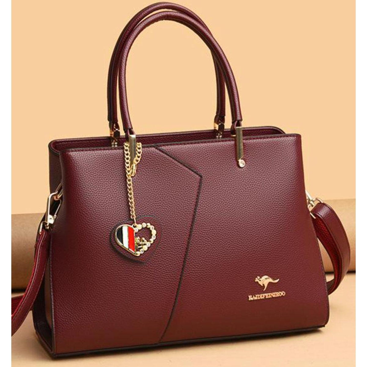 Large Classical Leather Handbag -Wine Red