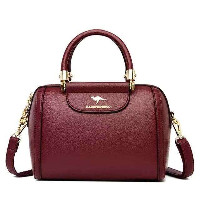 Large Classical Leather Handbag - Wine Red