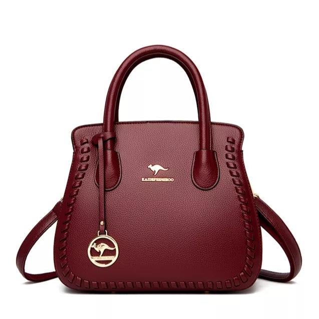 Large Classical Leather Handbag - Wine Red