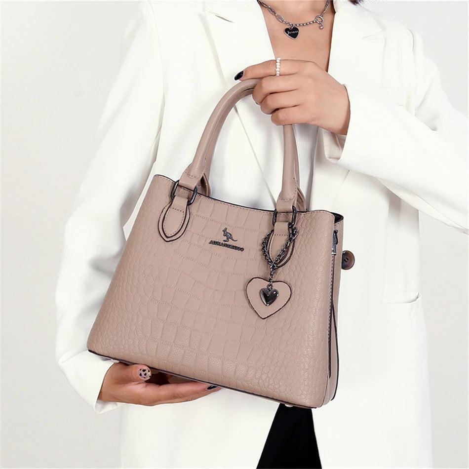 Large Classical Leather Handbag - khaki