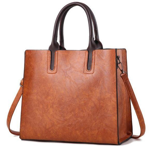 Large Classical Leather Tote Bag - Camel Brown