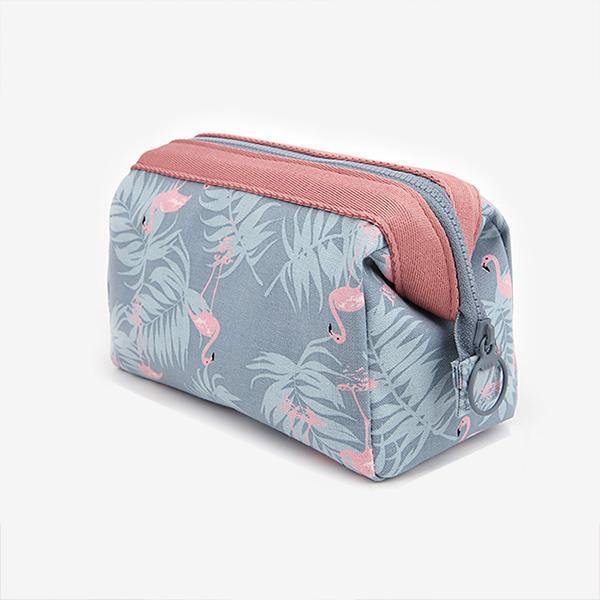 Large Waterproof Polyester Make-up Bag - Grey With Flamingo Prints