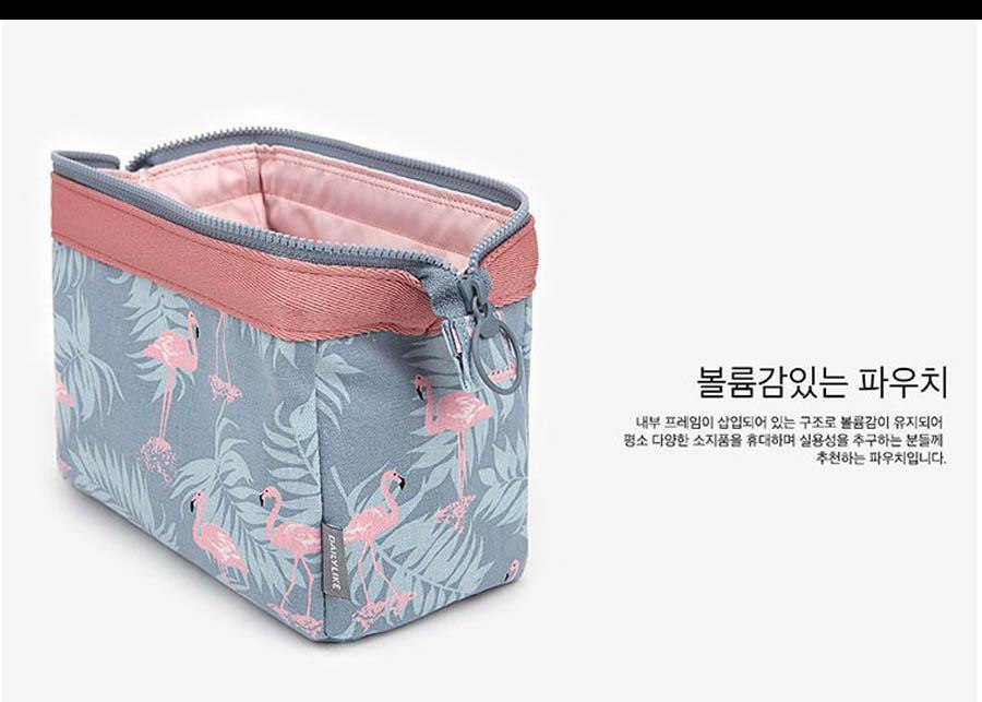 Large Waterproof Polyester Make-up Bag - Grey With Flamingo Prints