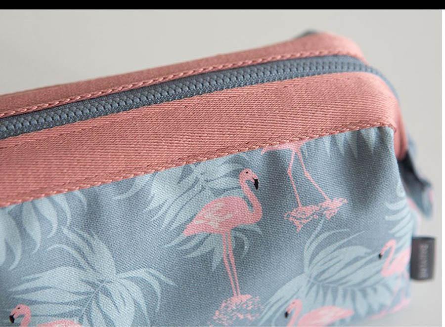 Large Waterproof Polyester Make-up Bag - Grey With Flamingo Prints