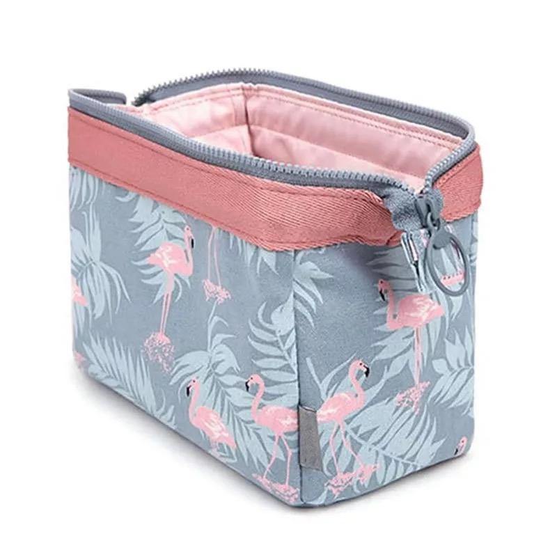 Large Waterproof Polyester Make-up Bag - Grey With Flamingo Prints