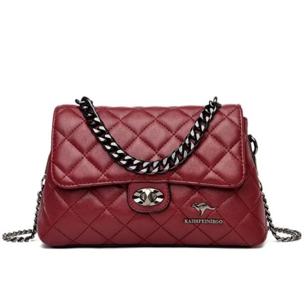 Medium Casual Leather Chain Bag - Wine Red