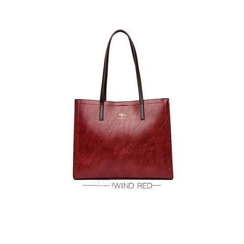 Medium Casual Leather Tote Bag - Wine Red