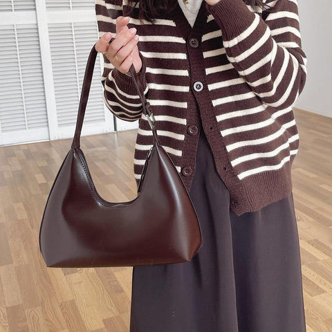 Small Curved Leather Handbag - Dark Brown
