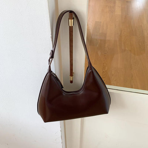 Small Curved Leather Handbag - Dark Brown