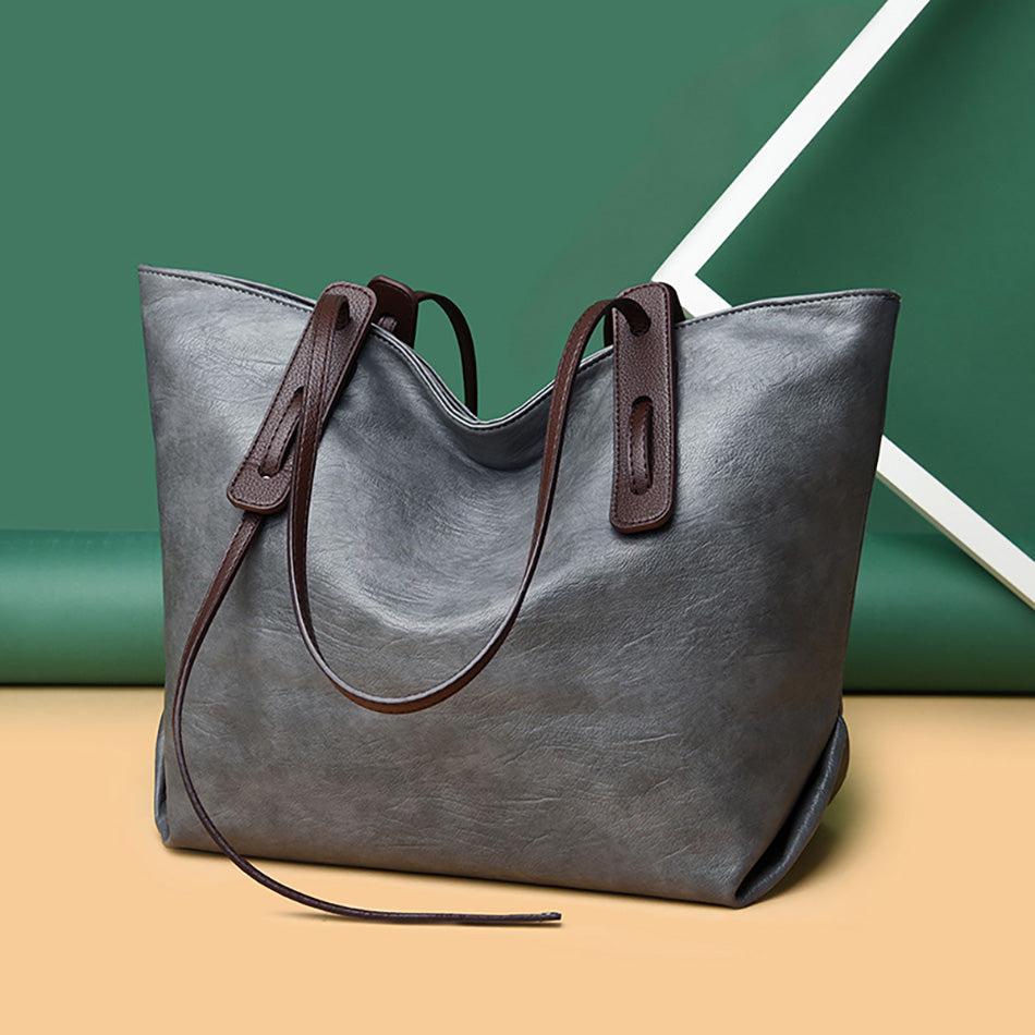 Large Leather Tote Bag - Gray