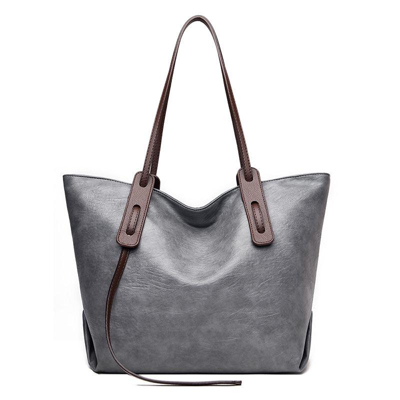 Large Leather Tote Bag - Gray