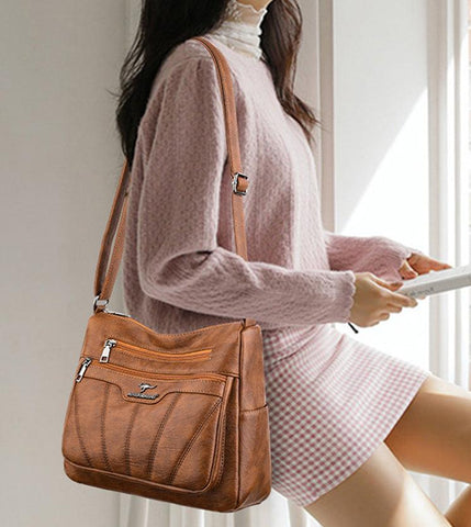 Large Classical Crossbody Leather Bag - Camel Brown
