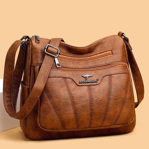 Large Classical Crossbody Leather Bag - Camel Brown