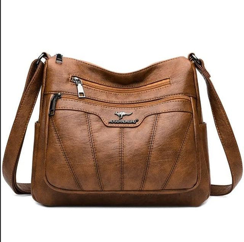 Large Classical Crossbody Leather Bag - Camel Brown