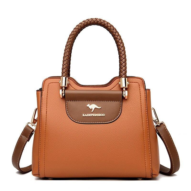 Large Classical Leather Handbag - Camel Brown